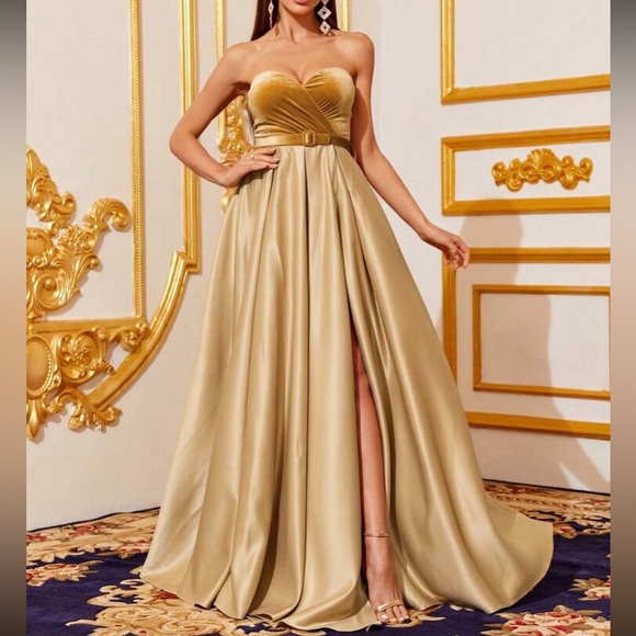Luxe slit thigh satin party formal evening dress - Picture 6 of 6